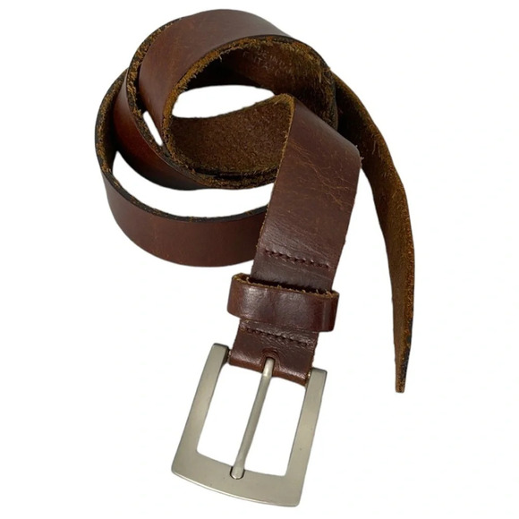 VINTAGE Mens Nutmeg Brown Genuine Leather Belt Brushed Silver-tone Buckle Size M - Picture 2 of 10